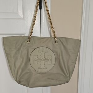 Tory Burch Neutral Tote with Gold Chain Straps